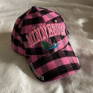 NWOT Pink and black plaid embroidered Minnesota loon hat